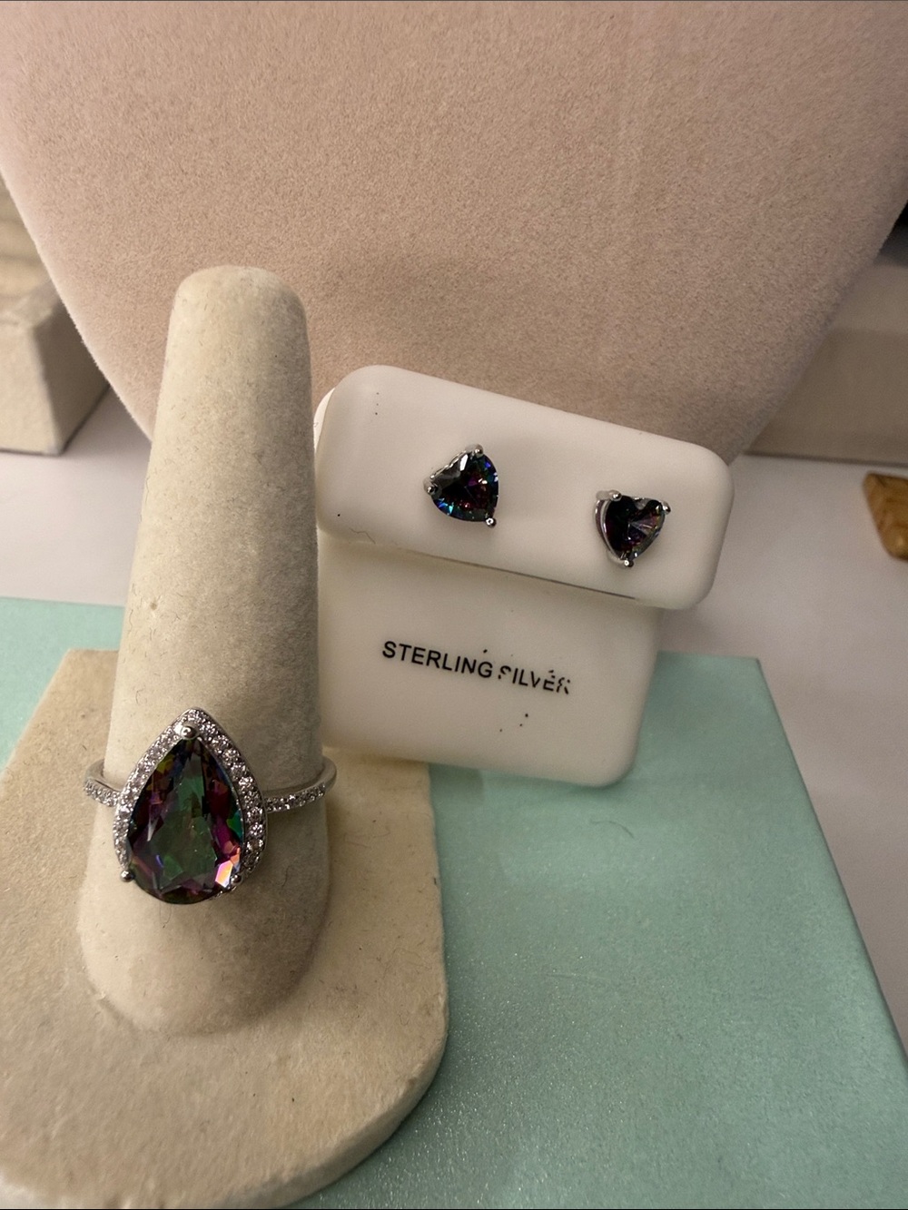 Mystic Topaz Teardrop Sterling Silver Moissanite Ring and Heart Stud Earring Set
